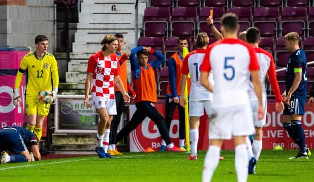 Croatia's Borna Sosa is red carded after violent conduct on Ryan Porteous during a UEFA Under-21 European Championship match between Scotland and Croatia at Tynecastle  on November 12 (Photo by Craig Foy / SNS Group)