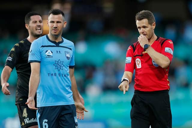 Ryan McGowan of Sydney FC reacts after the referee disallowed a goal by Bobo of Sydney FC during the A-League match between Sydney FC and Western Sydney Wanderers at Sydney Cricket Ground, on May 23, 2021, in Sydney, Australia. (Photo by Mark Metcalfe/Getty Images)