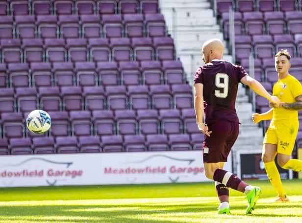 Liam Boyce scores to make it 3-0 for Hearts during the friendly against Bonnyrigg Rose at Tynecastle Park. Picture: Roddy Scott / SNS