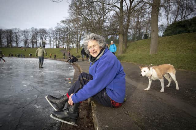 Jenny Cook, 77, ice-skates on the frozen pond in Inverleith Park, Edinburgh (Photo: Jane Barlow/PA Wire).