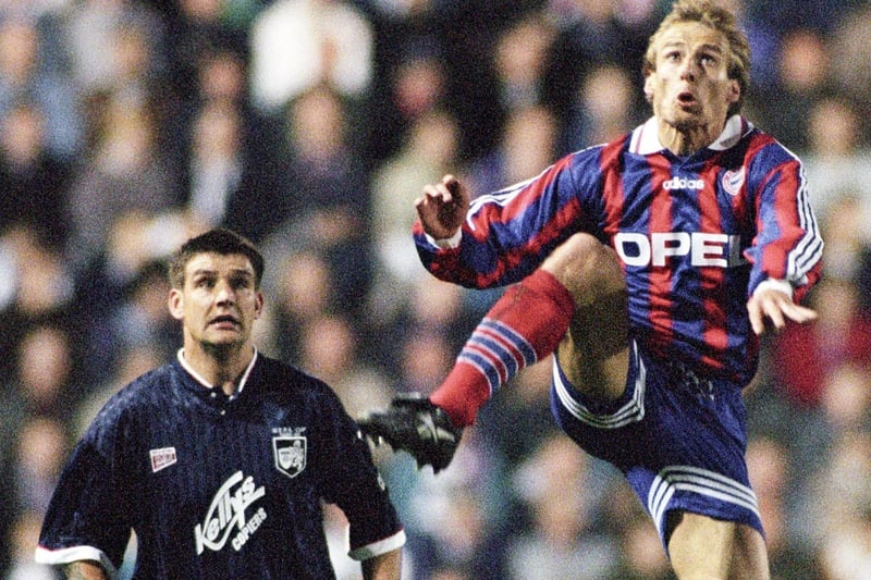 Bayern Munich's Jurgen Klinsmann, right, wins the ball ahead of Raith Rovers' Shaun Dennis in October 1995's UEFA Cup Winners' Cup second round game at Easter Road in Edinburgh. Photo: SNS Group
