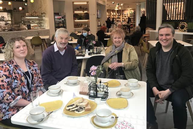 Photo of Ms Grahame, Mr Arthur, Isla Forsyth (Events and Marketing Officer at Great Tapestry of Scotland) and Mike Gray (Energise Galashiels) meeting in Galashiels to discuss town centre regeneration