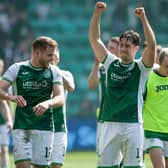 Joe Newell celebrates at full-time after an excellent performance in Hibs' Edinburgh derby victory. Picture: SNS