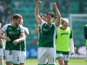 Joe Newell celebrates at full-time after an excellent performance in Hibs' Edinburgh derby victory. Picture: SNS