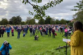 Lesley Macinnes addresses an open-air meeting attended by up to 1,000 people about the council's plans for East Craigs (Picture: Alex Cole-Hamilton)