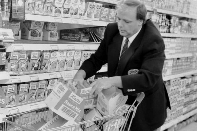 Hearts chairman Wallace Mercer did a two-minute trolley dash at Gateway supermarket in Dalry Road Edinburgh, donating the items to Dalry House, in February 1988.