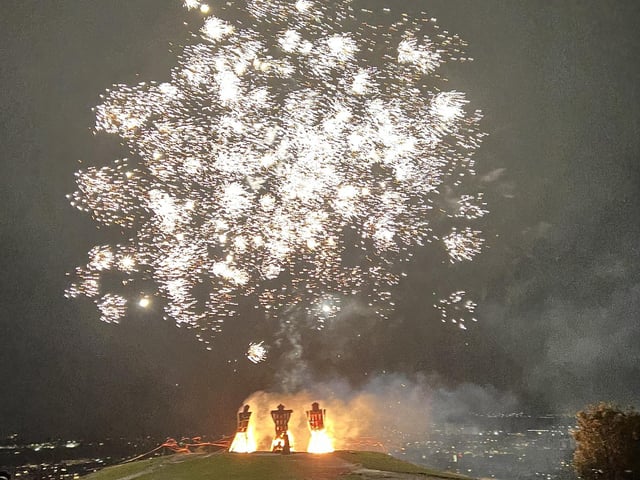 Three effigies burn on Calton Hill to celebrate the triumph of good over evil, at the culmination of Edinburgh's Dusherra Festival.