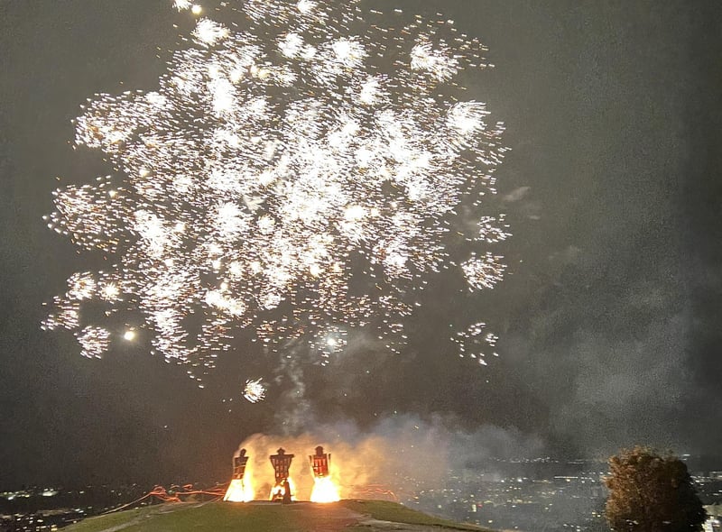 Three effigies burn on Calton Hill to celebrate the triumph of good over evil, at the culmination of Edinburgh's Dusherra Festival.