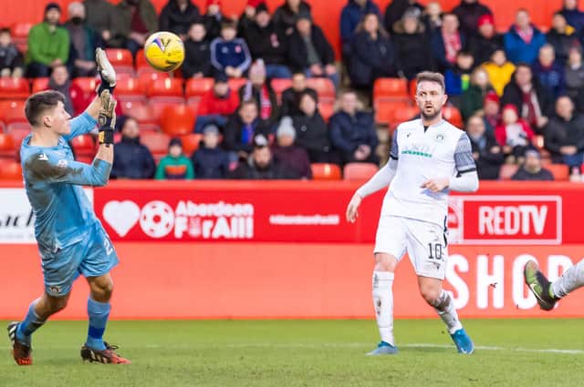 Brian Schwake is beaten by Aberdeen striker Christian Ramirez during the Scottish Cup fourth round between Aberdeen and Edinburgh City at Pittodrie