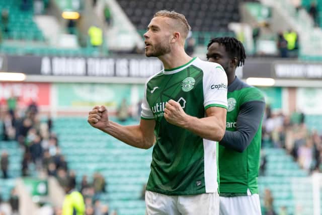 Ryan Porteous celebrates at full time after scoring the only goal in Hibs' win over Motherwell. Picture: SNS