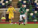 Michael Smith in action against Romania during a UEFA Nations League group stage match at Windsor Park in November 2020