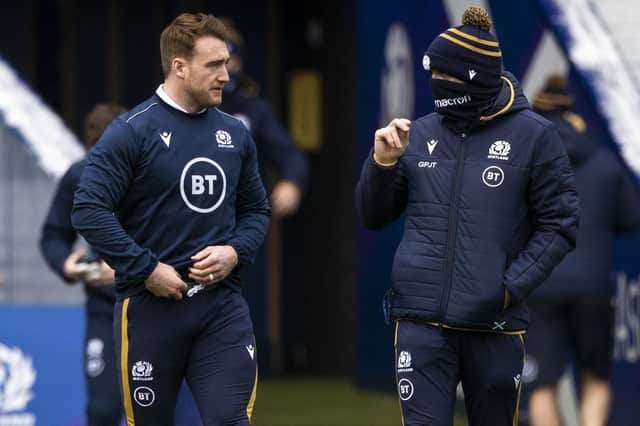 Captain Stuart Hogg with head coach Gregor Townsend during the Scotland team run at BT Murrayfield ahead of the Wales match. Picture: Craig Williamson/SNS
