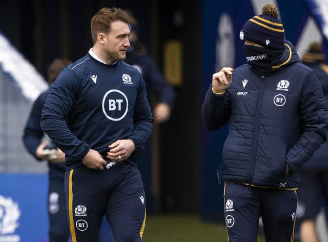 Captain Stuart Hogg with head coach Gregor Townsend during the Scotland team run at BT Murrayfield ahead of the Wales match. Picture: Craig Williamson/SNS