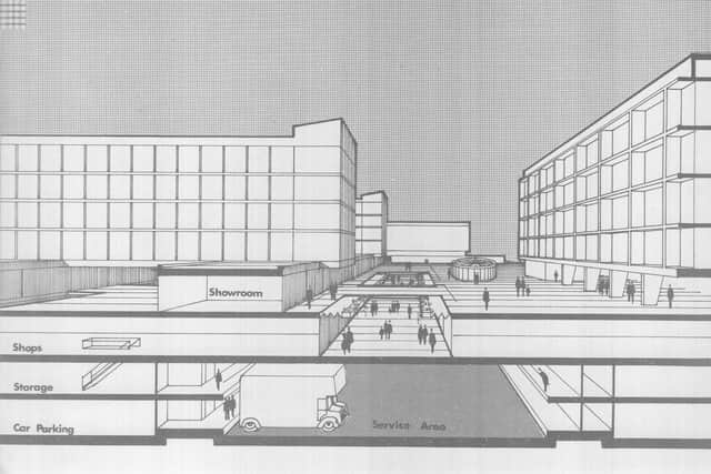 Illustration showing the proposed arrangement of the CDA, with the shops and housing built on the pedestrian deck and service areas and parking sitting below. Illustration by Alexander Duncan Bell from Collection of Clive Fenton, University of Edinburgh.