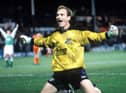 Jim Leighton celebrates as Hibs beat Dundee United at Tynecastle