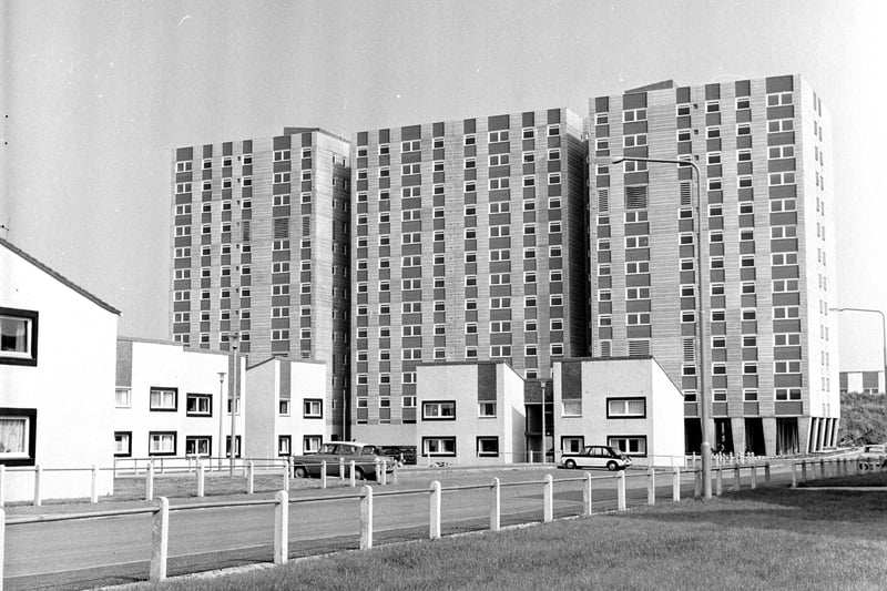 An exterior view Crudens Flats in Sighthill, 1960s.