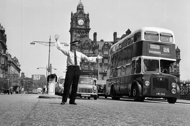 A policeman in shirt sleeves on duty in Princes Street Edinburgh in the summer of 1965.