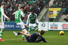Matthew Hoppe scores from close range for his first goal for Hibs and the second of the afternoon