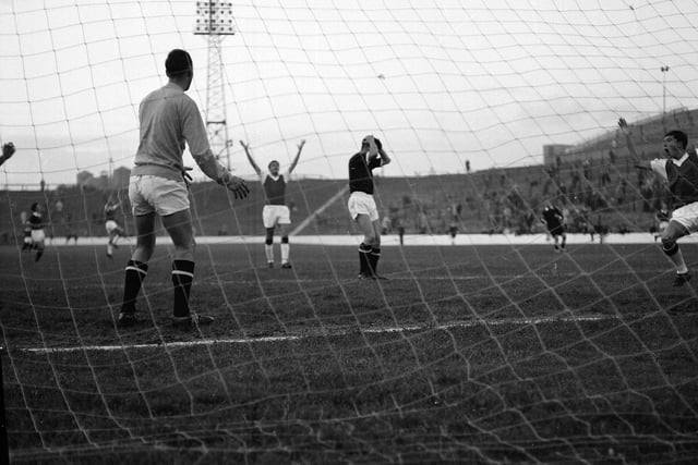 Hibs score a valuable goal during the Edinburgh Derby in September 1963.