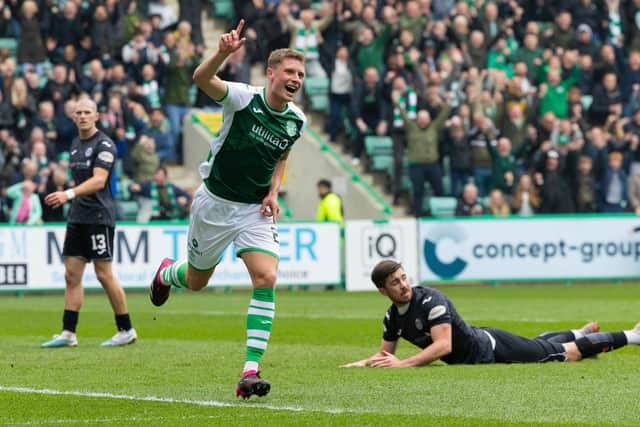 Will Fish celebrates scoring Hibs' second as the home side raced into a 2-0 first-half lead against St Mirren. Picture: SNS