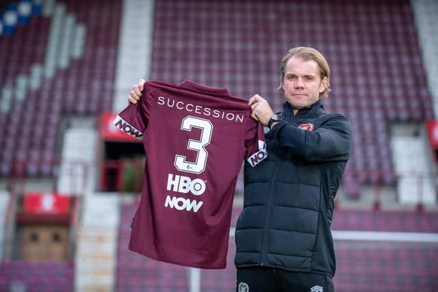 Robbie Neilsen revealed the design of the shirts at the Hearts stadium today. Photo: Sandy Young/PinPep.