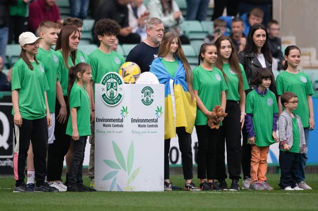 EDINBURGH, SCOTLAND - MAY 15: Dnipro Kids deliver the match ball during a cinch Premiership match between Hibernian and St Johnstone at Easter Road, on May 15, 2022, in Edinburgh, Scotland (Photo by Paul Devlin / SNS Group)