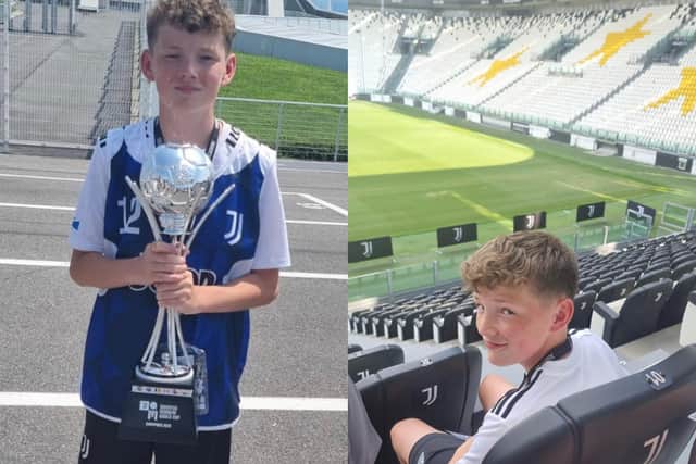 Rio Hamilton-Scott from Rosewell, pictured with the Juventus World Cup he won with Scotland, and sitting inside the Allianz stadium in Turin, home of his beloved Juventus.
