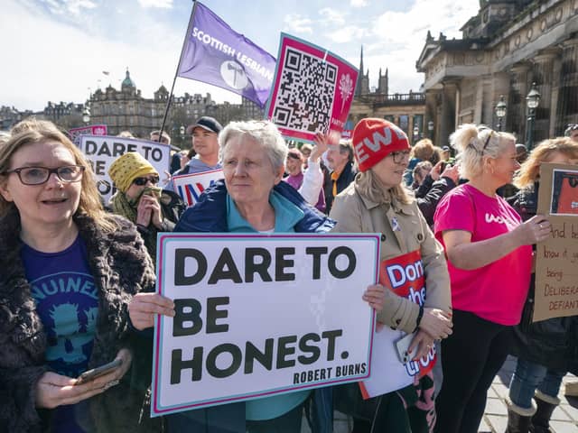 Protestors take part in the Let Women Speak rally following the Hate Crime and Public Order (Scotland) Act coming into force, outside The Royal Scottish Academy in Edinburgh on Saturday, April 6, 2024. (Picture: Jane Barlow/PA Wire)