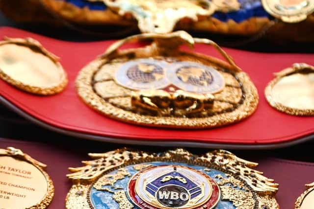 Scottish undisputed Super-Lightweight World Champion Josh Taylor's four belts united following his historical win over Jose Ramirez in Las Vegas. Picture: John Devlin.