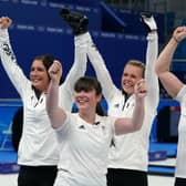 Left to right, Great Britain's Eve Muirhead, Hailey Duff, Vicky Wright and Edinburgh's Jenn Dodds celebrate their dramatic semi-final victory over Sweden