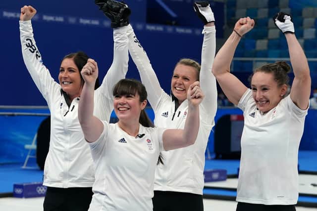 Left to right, Great Britain's Eve Muirhead, Hailey Duff, Vicky Wright and Edinburgh's Jenn Dodds celebrate their dramatic semi-final victory over Sweden