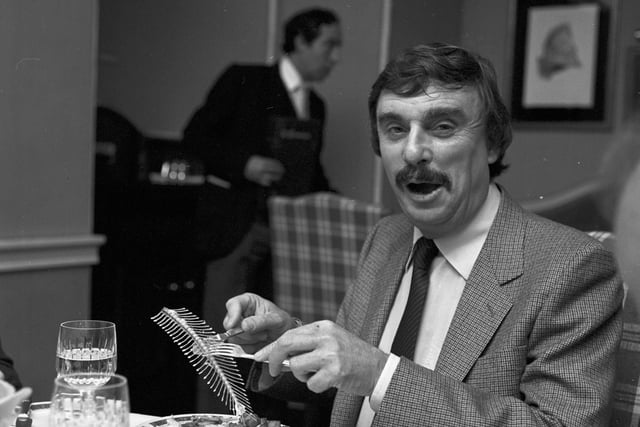 Author Leslie Thomas at lunch in Edinburgh in October 1981.