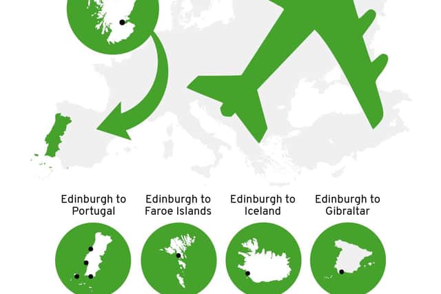 A map of the 'green list' destinations that travellers can fly to from Edinbugh. Image: Mark Hall/JPIMedia