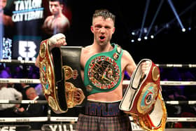 Josh Taylor celebrates victory against Jack Catterall at the OVO Hydro, Glasgow.