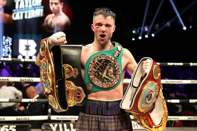 Josh Taylor celebrates victory against Jack Catterall at the OVO Hydro, Glasgow.