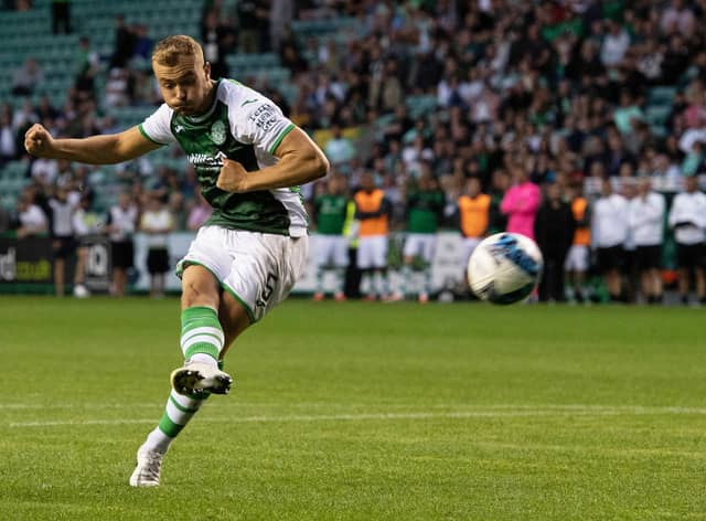 Ryan Porteous blasts his penalty off the top of the crossbar as Hibs miss their first three penalties in the bonus-point shoot-out following a 1-1 draw with Morton. Picture: SNS