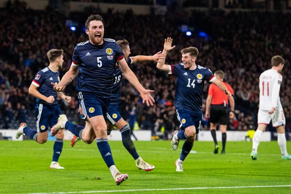 Sheffield United and Rangers target John Souttar celebrates his first goal for Scotland: Ross MacDonald / SNS Group