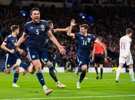 Sheffield United and Rangers target John Souttar celebrates his first goal for Scotland: Ross MacDonald / SNS Group