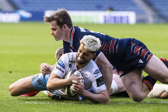 Adam Hastings scores Glasgow Warriors' third try in the Rainbow Cup win over Edinburgh at BT Murrayfield. Picture: Ross MacDonald/SNS