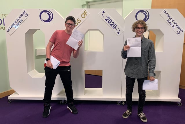 Wesley Atkinson and Harry Charlton with their results at Outwood Academy Adwick