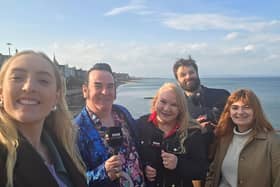 Stars of the upcoming BBC project, Craig and Debbz, pictured with production crew members who flew in from London and Ireland to film on the Edinburgh coast this week.