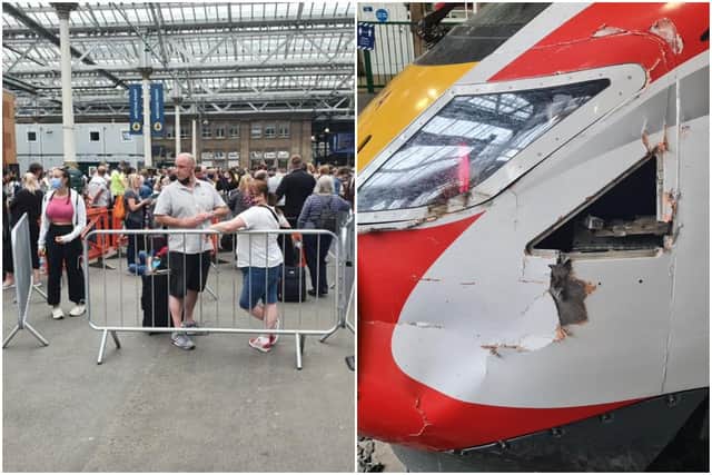 Crowds pictured queuing at Edinburgh Waverley after damage to trains cause disruption to services picture of train:  Mark Fawcett