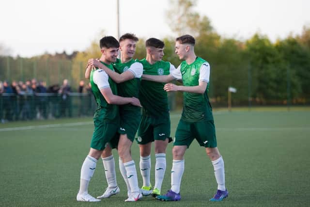 Hibs Under-18s celebrate a goal against Celtic in the CAS Elite Under-18 League. Picture: Maurice Dougan