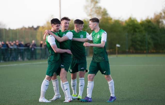 Hibs Under-18s celebrate a goal against Celtic in the CAS Elite Under-18 League. Picture: Maurice Dougan