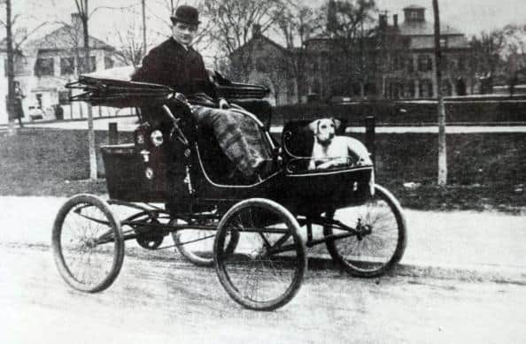 The Great Lafayette (1871-1911) the Theatre entertainer pictured in his "Oldsmobile" with his dog "Beauty" riding at the front  (Photo by Popperfoto via Getty Images/Getty Images)