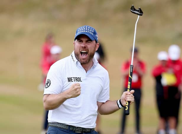 Richie Ramsay celebrates on the 18th green after winning the Cazoo Classic at Hillside. Picture: Warren Little/Getty Images.