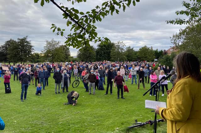 Lesley Macinnes addressed the open-air meeting about the council's low-traffic neighbourhood in East Craigs (Picture: Alex Cole-Hamilton)