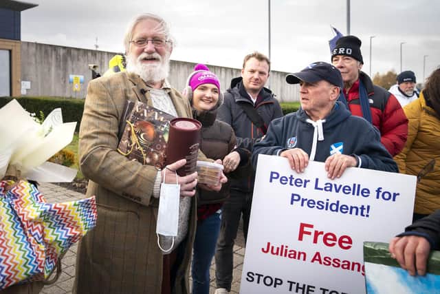 Former UK ambassador to Uzbekistan Craig Murray with supporters and campaigners after he is released from HMP Edinburgh. Picture: Jane Barlow/PA Wire
