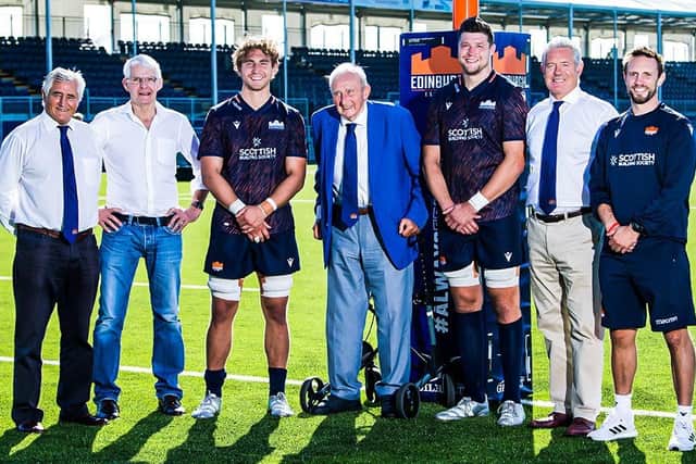 Left to right: Andy Irvine, Finlay Calder, Jamie Ritchie, John Douglas (Edinburgh's oldest living captain), Grant Gilchrist, Gavin Hastings and head coach Mike Blair.