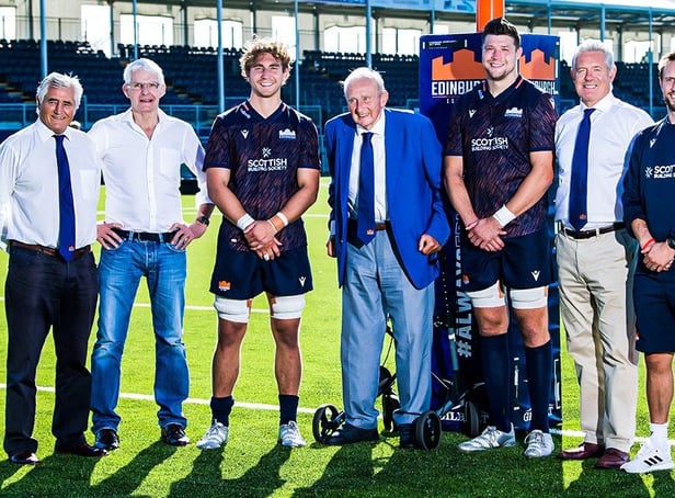 Left to right: Andy Irvine, Finlay Calder, Jamie Ritchie, John Douglas (Edinburgh's oldest living captain), Grant Gilchrist, Gavin Hastings and head coach Mike Blair.
